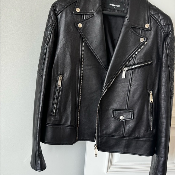 Dsquared2 Black Leather Print Biker Jacket Size 52 - Picture 3 of 15